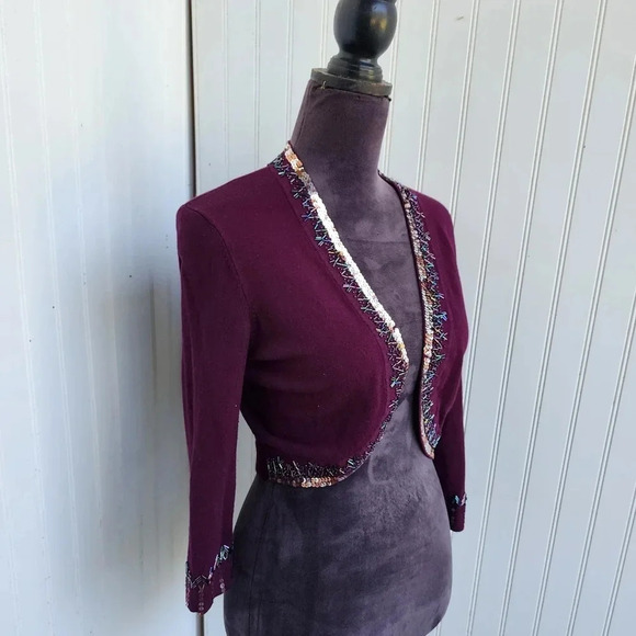 CACHE Purple Eggplant Sequin Bolero Shrug Jacket Formal Cropped Beaded Top Sz S - Picture 3 of 12